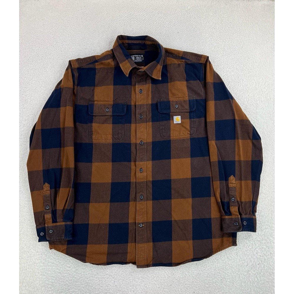 Carhartt Mens XL Brown Plaid Flannel Button Up Long Sleeve Loose Fit TW4451-M